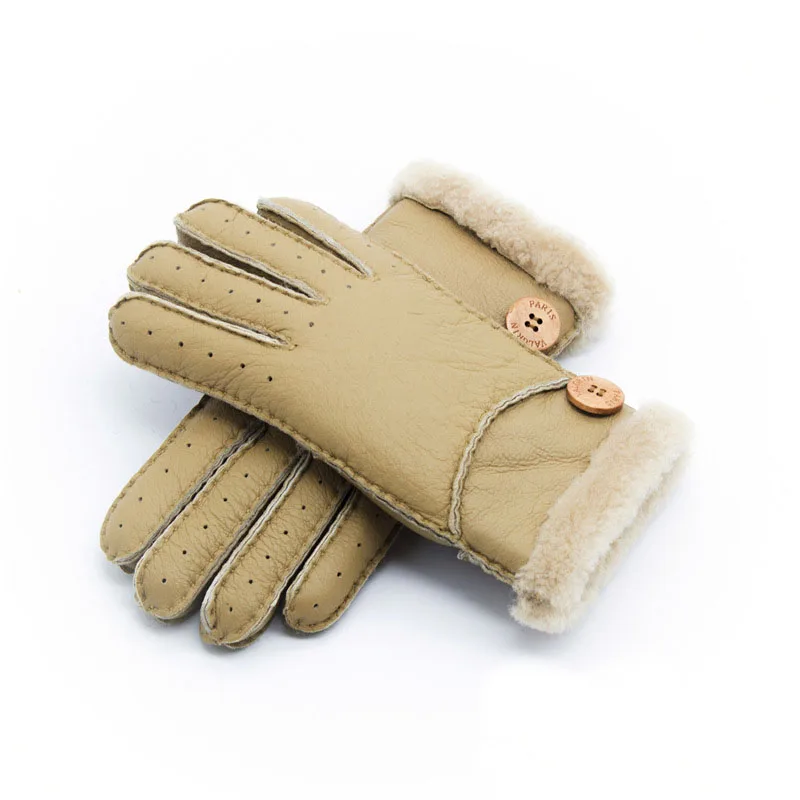 beige yellow Зима женский натуральная кожа овцы утепленные перчаток пуговица натуральный мех овцы стандартные перчаток - Цвет: beige yellow
