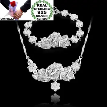

OMHXZJ Wholesale Personality Fashion Woman Girl Gift Silver Flower Chain 925 Sterling Silver Bracelet+Necklace Jewelry Set SE34