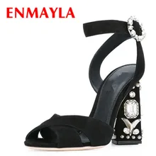 ENMAYLA Summer Shoes Women Open Toe Rhinestone High Heels Sandals Genuien Leather Strappy Sandals Women Crystal Pumps Shoe Woman runway colorful rhinestone women pumps slingback round toe high heels crystal wedding shoes new summer sandals women