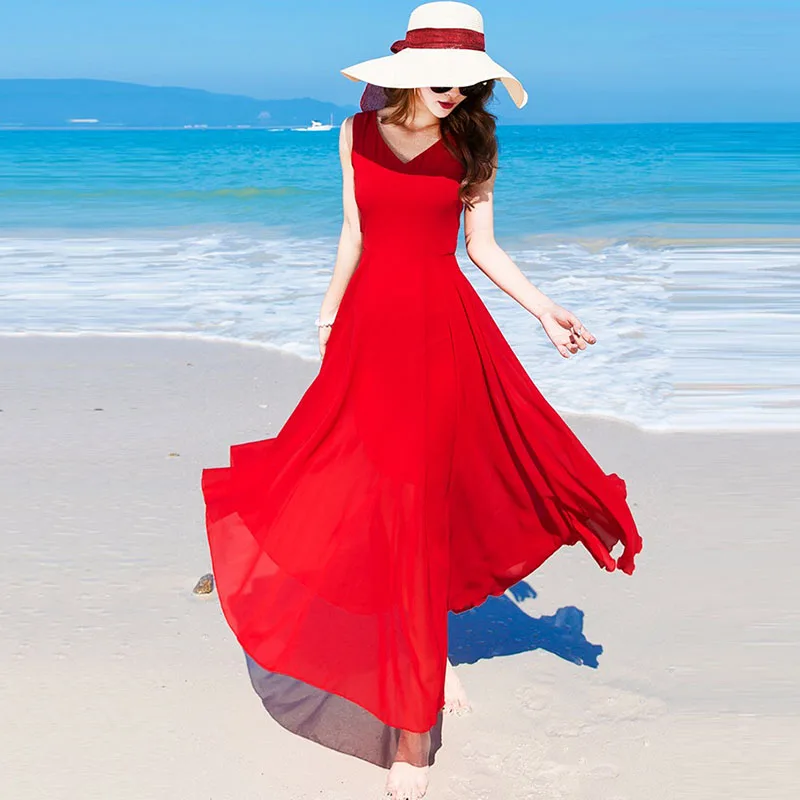 Женское сексуальное шифоновое пляжное платье с v-образным вырезом, Лидер продаж, однотонное богемное платье без рукавов, модное новое