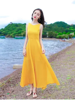 

2019 summer new women's beach holiday beach dress yellow retro chiffon dress bohemian dress