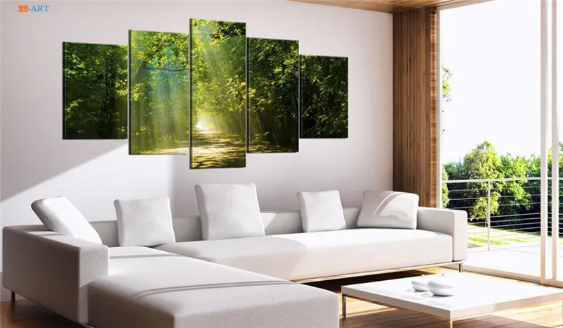 Зеленый лес принты настенная живопись 5 шт. натуральный холст искусство модульные картины для гостиной или спальни домашний декор