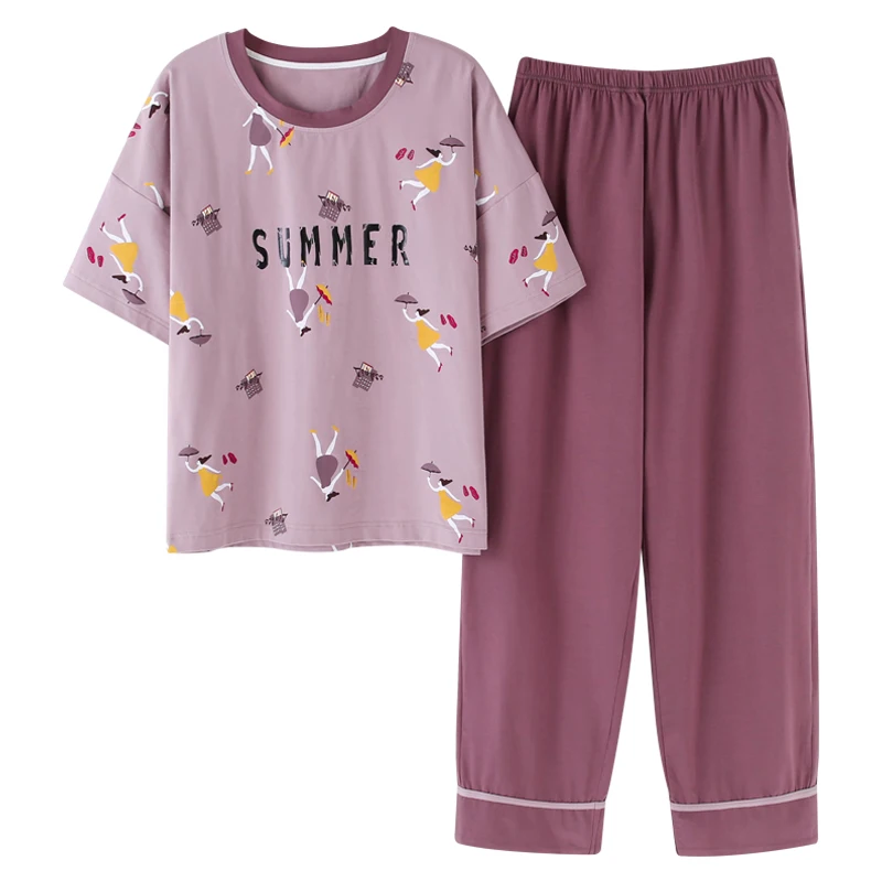 

Women Pajamas Sets Summer Short Sleeve Cartoon Letter Print Cute Sleepwear Girl Pijamas Mujer Big Yards M-XXL Leisure Nightgown