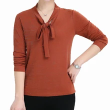Women Bowknot Tie Neck Blouse Female Champagne Blue Khaki Basic Tops For Office Lady Casual Plain Colour Blouse Autumn Spring tie neck flounce blouse
