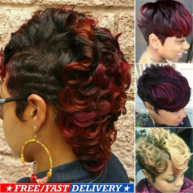 

Short Human Hair Wigs For Black Women Ocean Wave Ombre Remy Brazilian Hair Black Wine Red Blond Wavy Curly Synthetic Hair Wig