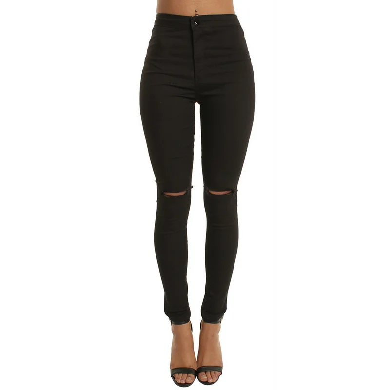 Laamei/Повседневные обтягивающие джинсы с высокой талией для женщин; Узкие рваные джинсы до колена для девочек; эластичные брюки-карандаш; цвет черный, синий - Цвет: Черный