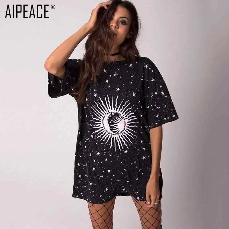 

AIPEACE Fashion Women T-Shirts fashion casual short Sleeve Tops women loose o-neck Print Tee T-shirt women long style tee dress