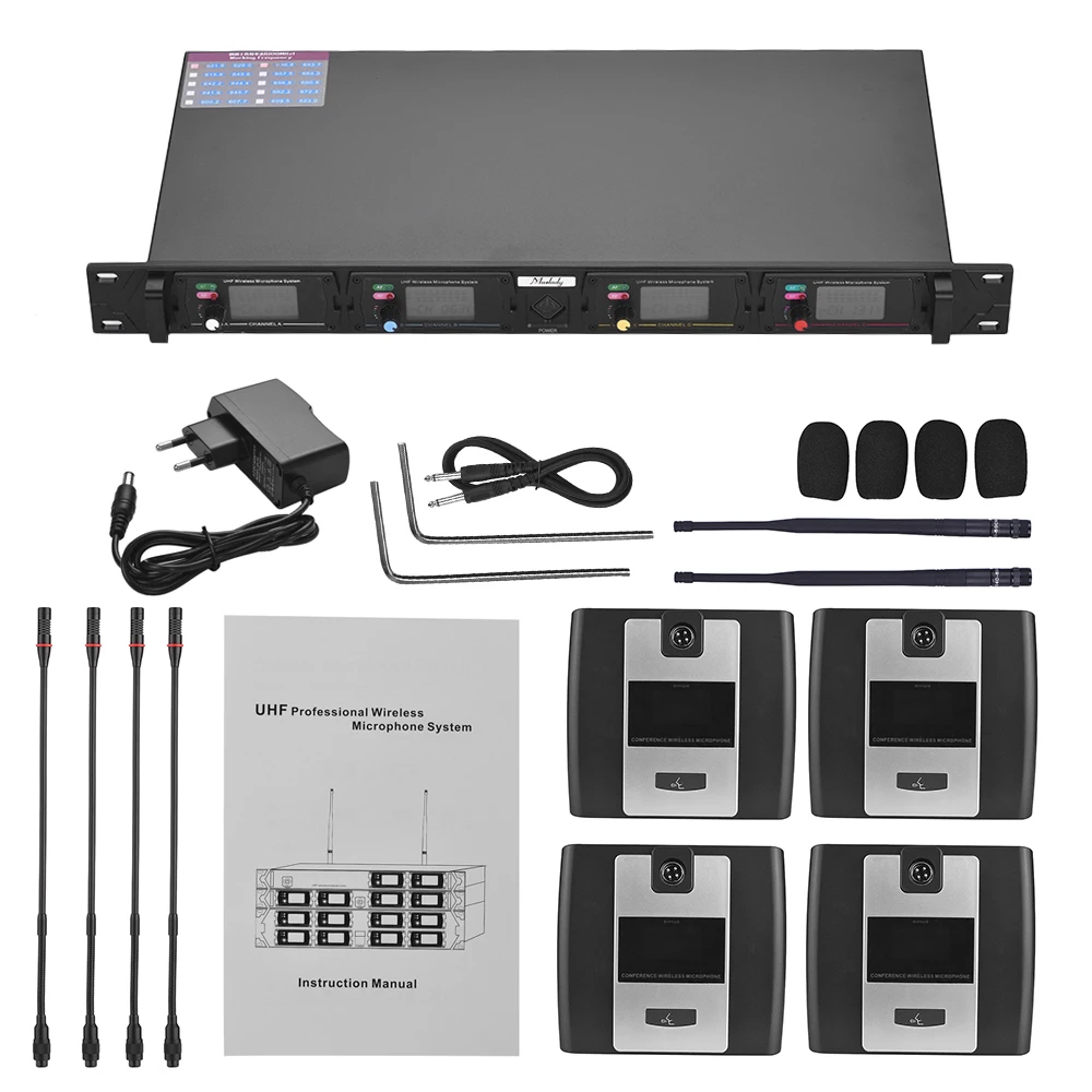 

Muslady D2 Professional 4-Channel UHF Wireless Conference Microphone System 6.35mm & XLR Outputs Dual Antenna