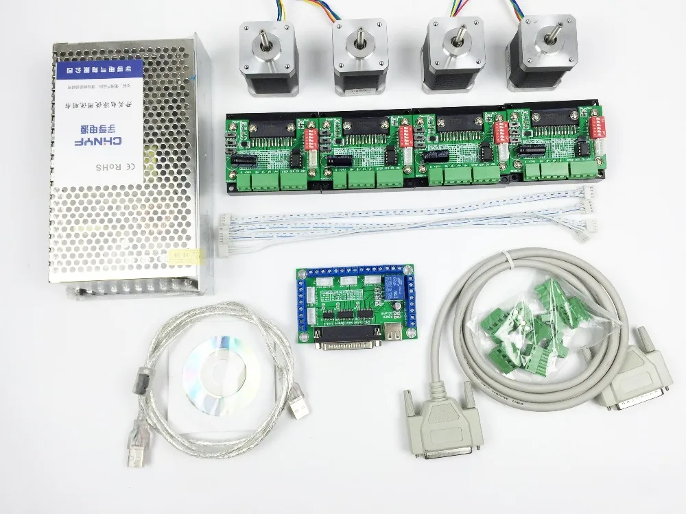 

CNC Router mach3 4 Axis Kit, 4pcs TB6560 driver + 5 axis stepper motor controller + 4pcs nema17 1.8A motor + 24V power supply