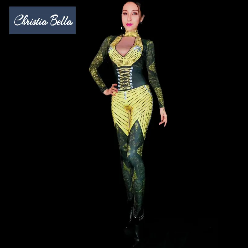 

Christia Bella Luxury Gold Print Rhinestone Jumpsuit Women Sexy Stretch Elastic Rompers Nightclub Bodysuit Singer Stage Costume
