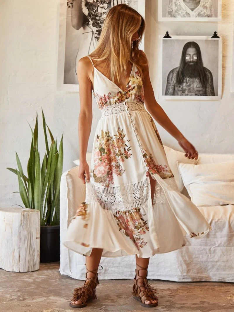 2018 Summer Women Boho Long Maxi Dresses Ladies Floral Print Lace V Neck Sleeveless Evening 