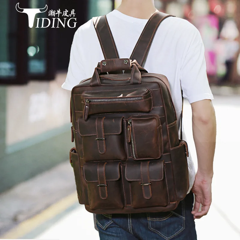 

080818 newhotstacy high quality men leather vintage travel backpack