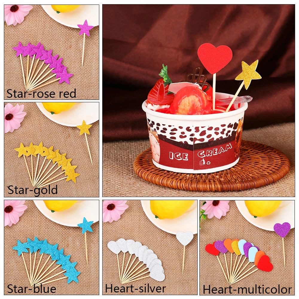 

Fashion 40pcs Multicolor Lovely Glitter Heart Star Cupcake Toppers Birthday Wedding Party Cake Decor Food Picks Cupcake Wrapper