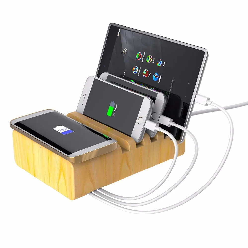 Wood Stand Multi Device Charging Station with Qi Wireless