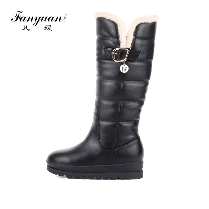 

fanyuan Fashion Women Knee High Boots Winter Snow Boots Slip on Round Toe Wedges Heel Pu Leather Women Boots Size 34-43