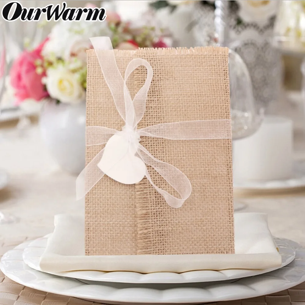  OourWarm 30/10Pcs Rustic Wedding Invitations Burlap Greeting Cards Postcard with Ribbon Envelope Vi - 32978116050