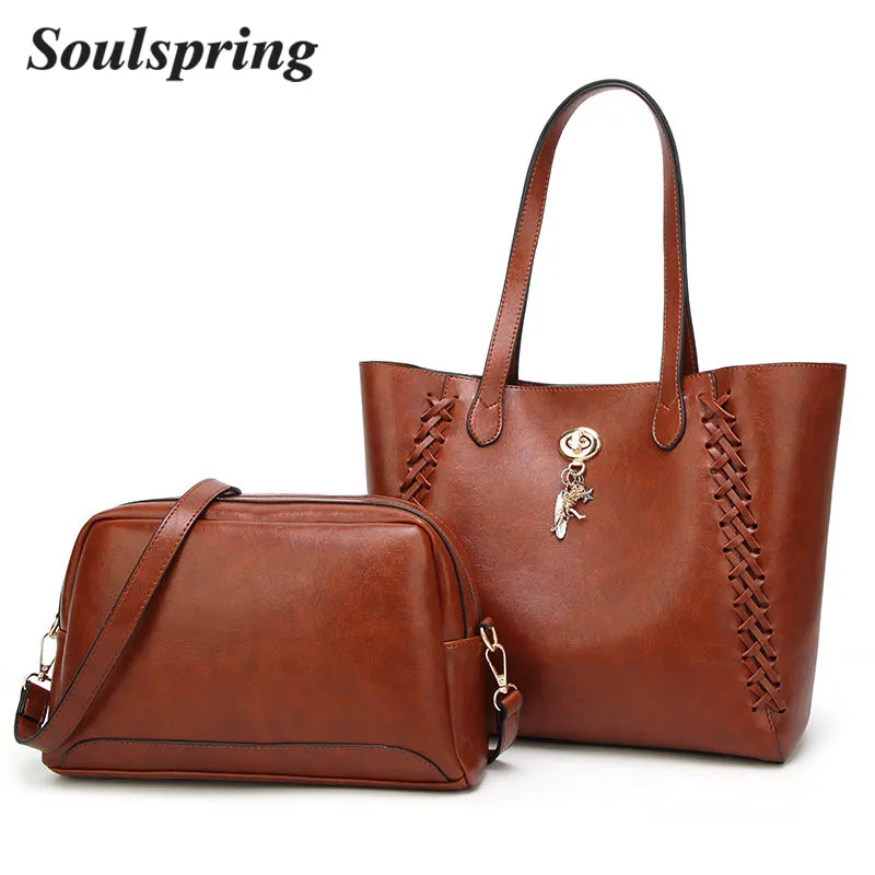 

2018 New 2 Set Vintage Bags Women's Handbags PU Leather Female Handbags Designer Big Casual Tote Luxury Shoulder Crossbody Bags