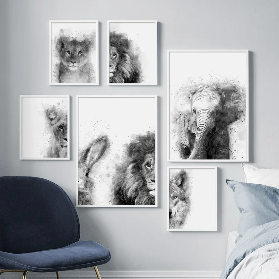 Черный белый слон лев волк кролик стены искусства холст живопись плакаты на скандинавскую тему и принты настенные картины для декора гостиной