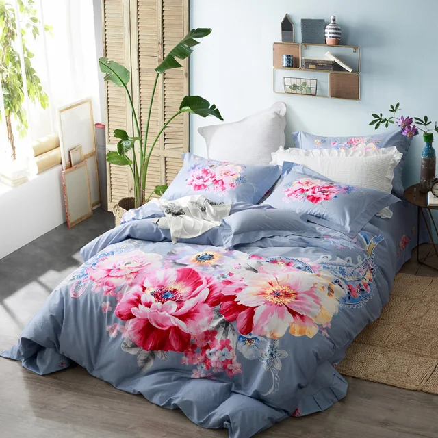 watercolor flowers skyblue bedding set queen king size duvet covers watercolor bed sheets