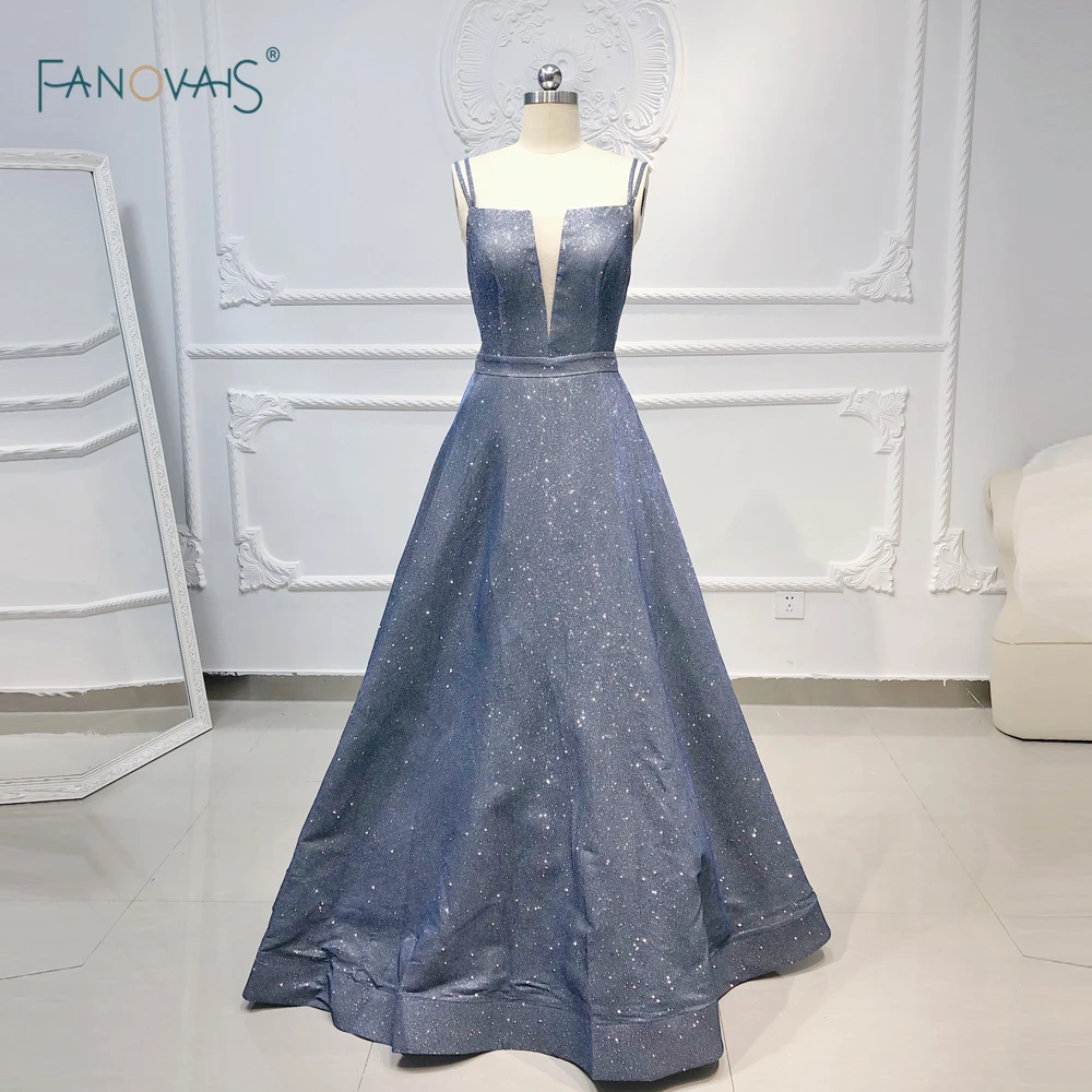 

2019 Evening Dress Long Spaghetti Straps A-Line Glitter Shiny Evening Gown Formal Party Gown Open Back Robe de Soiree NE70