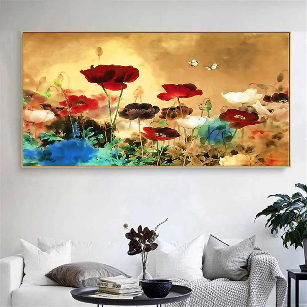 

Huge Picture Living Room Wall Art Chinese Style Poppy Flower Oil Painting Print on Canvas Colorful Flower Wall Painting for Home