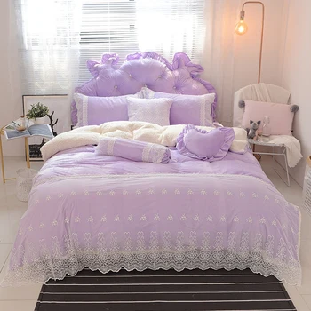

Purple Blue Pink Soft Berber Fleece Lace Princess Girl Bedding Set Fleece Fabric Duvet Cover Bed sheet Bed Linen Pillowcases