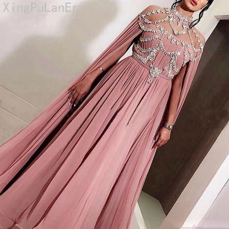 

2019 A-line Pink Muslim Evening Dresses Illusion High Neck Crystal Chiffon Islamic Dubai Kaftan Saudi Arabic Long Evening Gown