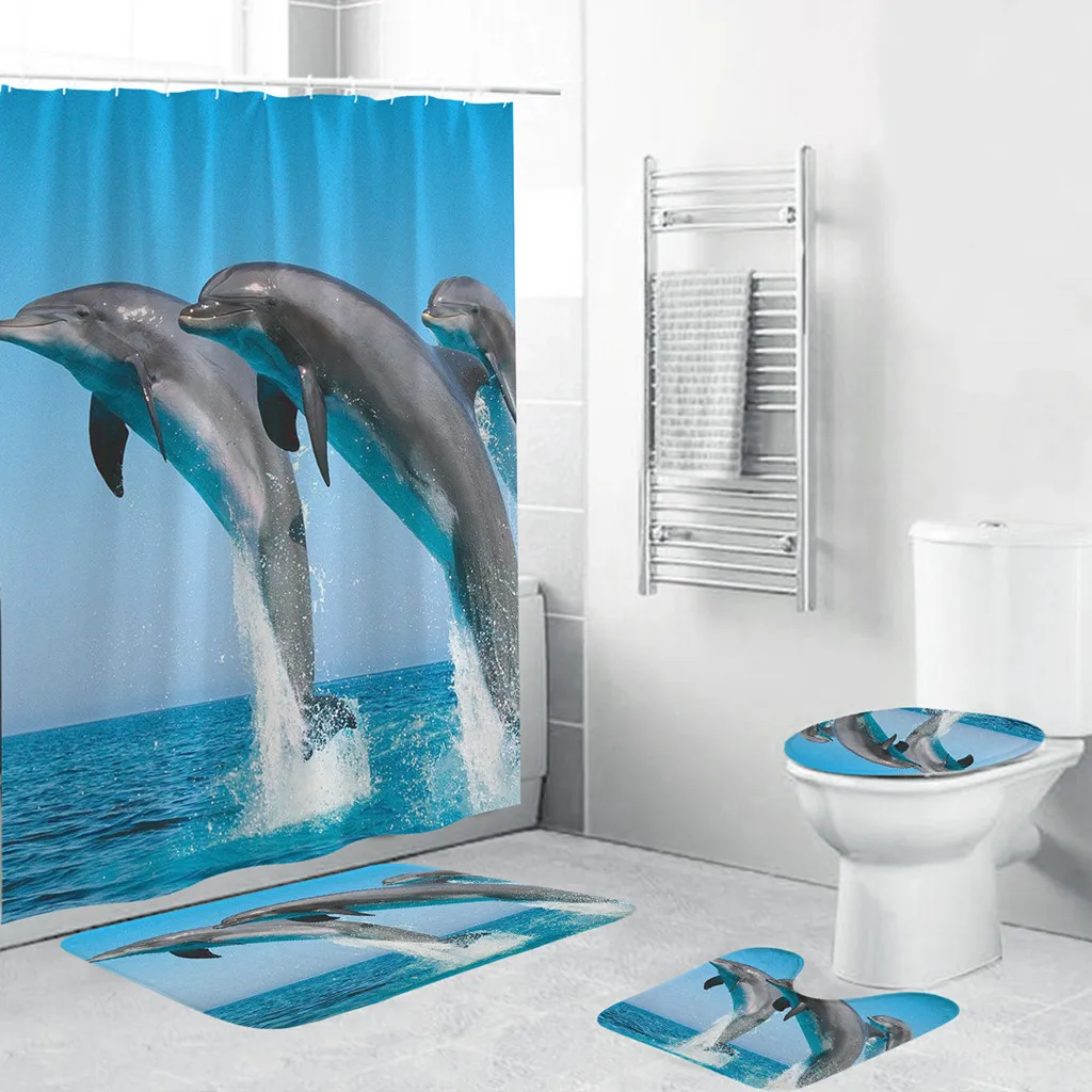 

Dolphin Printed Shower Curtain Set Bathroom Carpet Toilet Mat Modern Bath Curtains Decorative Bath Mat Rug Shower Curtain
