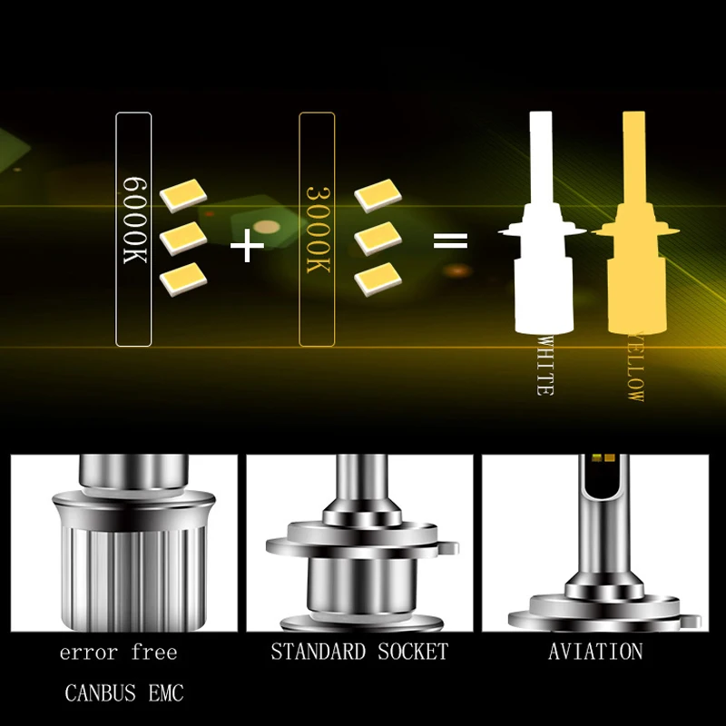 Три Цвет светодиодный головной светильник Наборы H1 H7 H11 9005 9006 H4 45 Вт 4300K 6000LM белого и желтого цвета, двойной Цвета светодиодный светильник тонкий Размеры