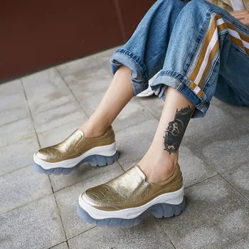 

MLJUESE 2020 fashion sneakers cow leather gold color casual shoes autumn spring Dad sneakers Vulcanize Shoes fashion sneakers