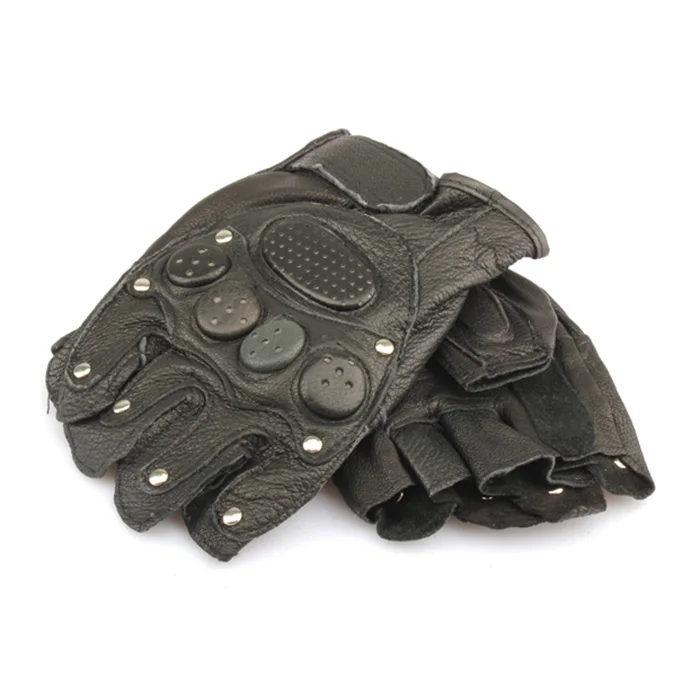 Перчатки на половину пальца с заклепками, черные кожаные перчатки для вождения мотоцикла