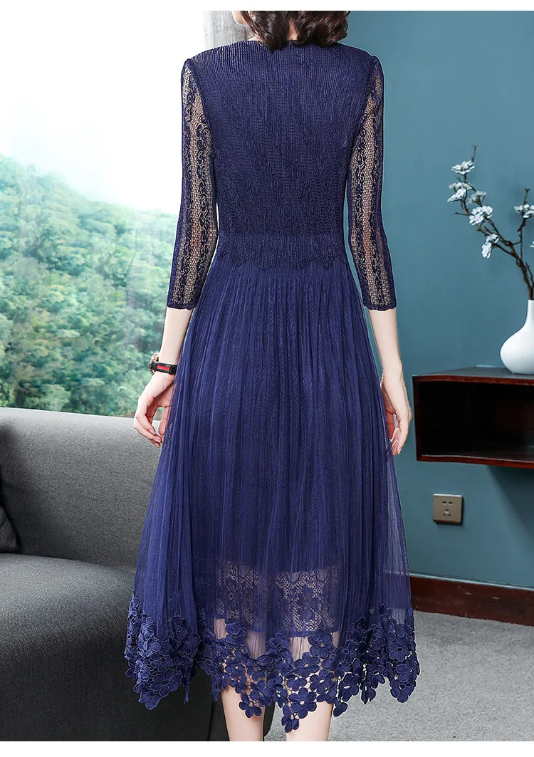 Miyak кружевное платье новое летнее женское одноцветное платье с v-образным вырезом большой размер свободное платье высокого класса Плиссированное длинное платье