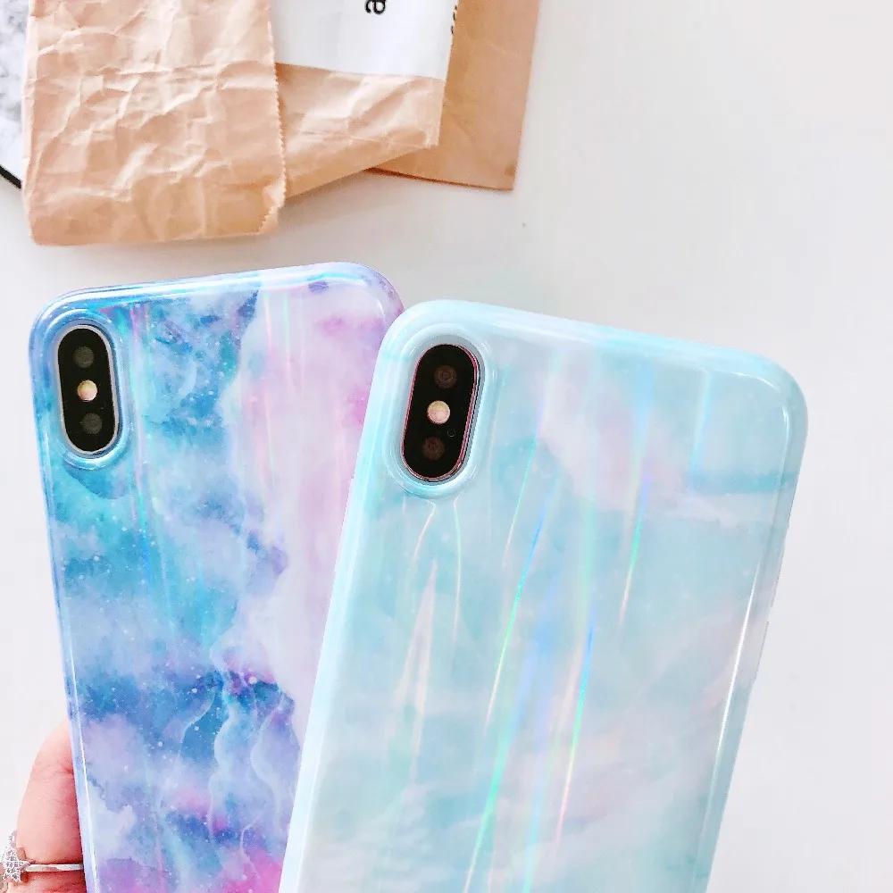 Case For iPhone X Xr Xs Max Cover Korean Laser Marble Skin Soft TPU Girly  (3)