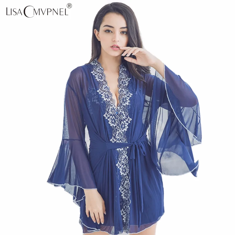 Lisacmvpnel 3 Pcs Net Yarn Sexy Lace Women Robe Sets Robe+Nightdress+G