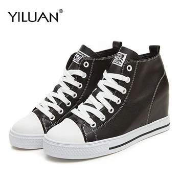 

Yiluan women heels Fashion Lady Casual White Shoes Women Sneaker Black Leisure Thick Soled Shoes Pumps student Lace Up Soft