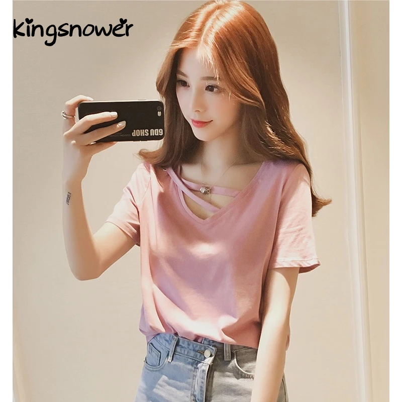 Kingsnower 2018 Для женщин Лето V Шеи Милая футболка с длинными рукавами корейский стиль