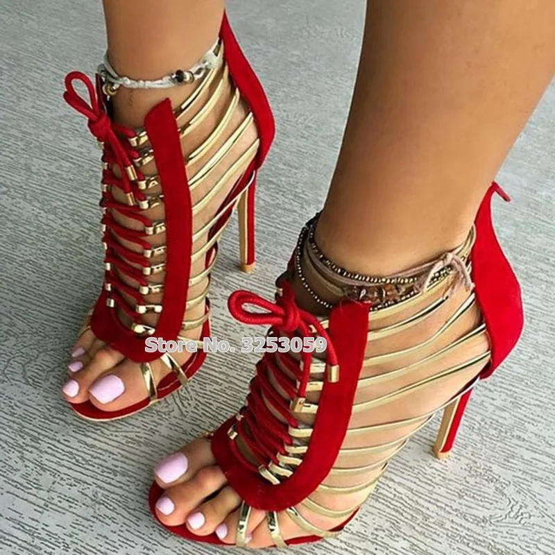 red and black strappy heels