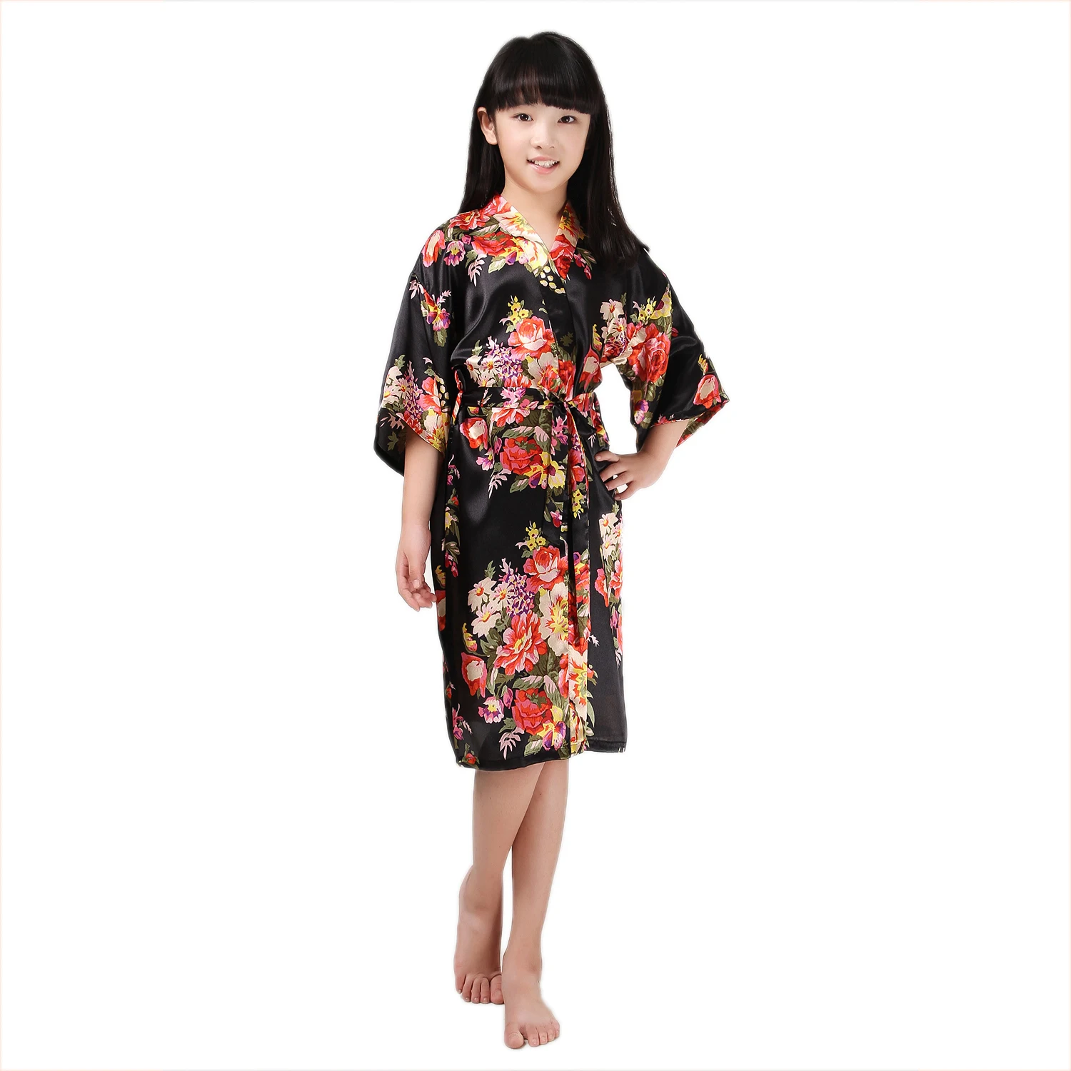 Детская Пижама с v-образным вырезом и короткими рукавами для маленьких девочек Детская шелковая одежда для сна с цветочным принтом - Цвет: Черный