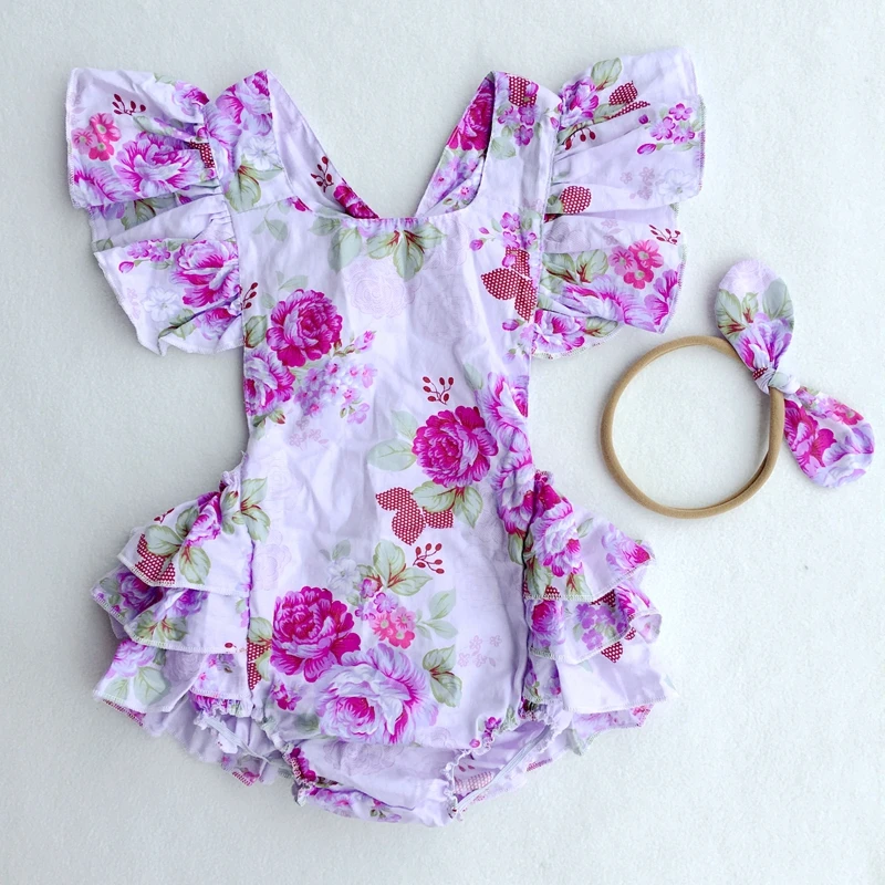 

wholesale New arrive baby boutique vintage floral romper jumpsuit Girl Bloomer Ruffle Romper Kids clothes matched headband