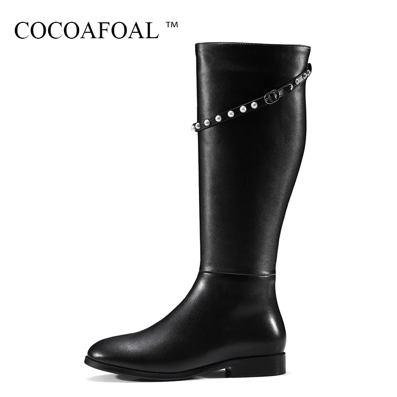 

COCOAFOAL Women's Fashion String Bead Knee High Boots Winter Black Flat With Shoes Genuine Leather Chelsea Knee High Boots 2018