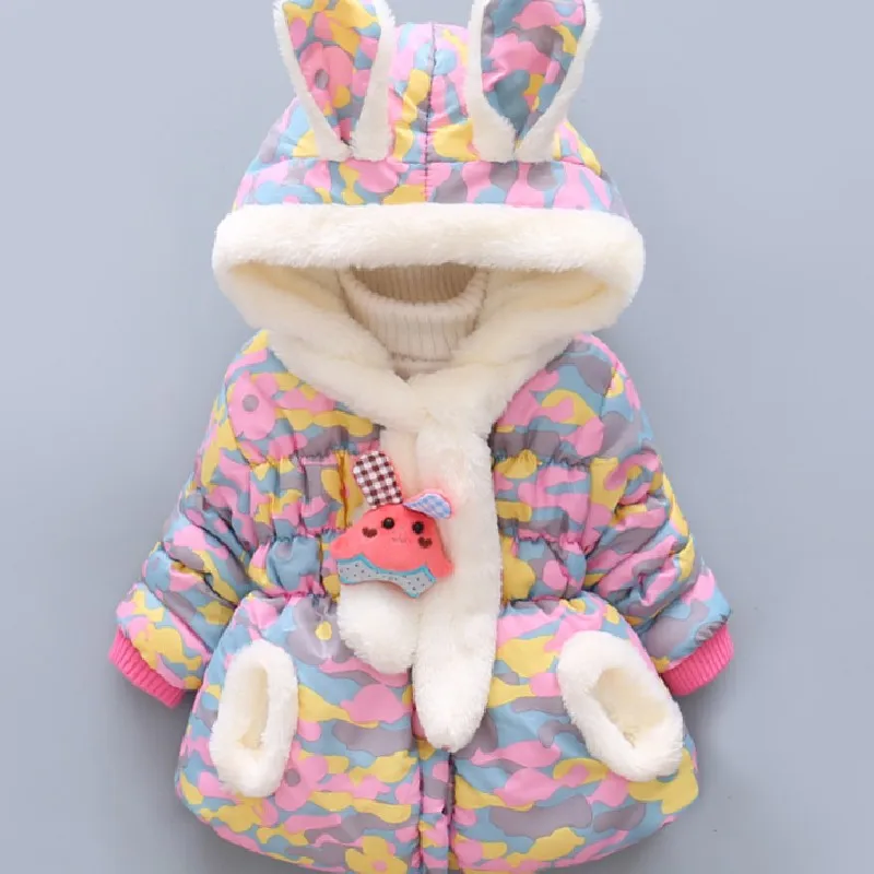 

New Baby Girl Coat Print Fleece Hooded Thickness Autumn Winter Newborn Jacket Winterjas Baby Meisje Baby Coat 8BB003
