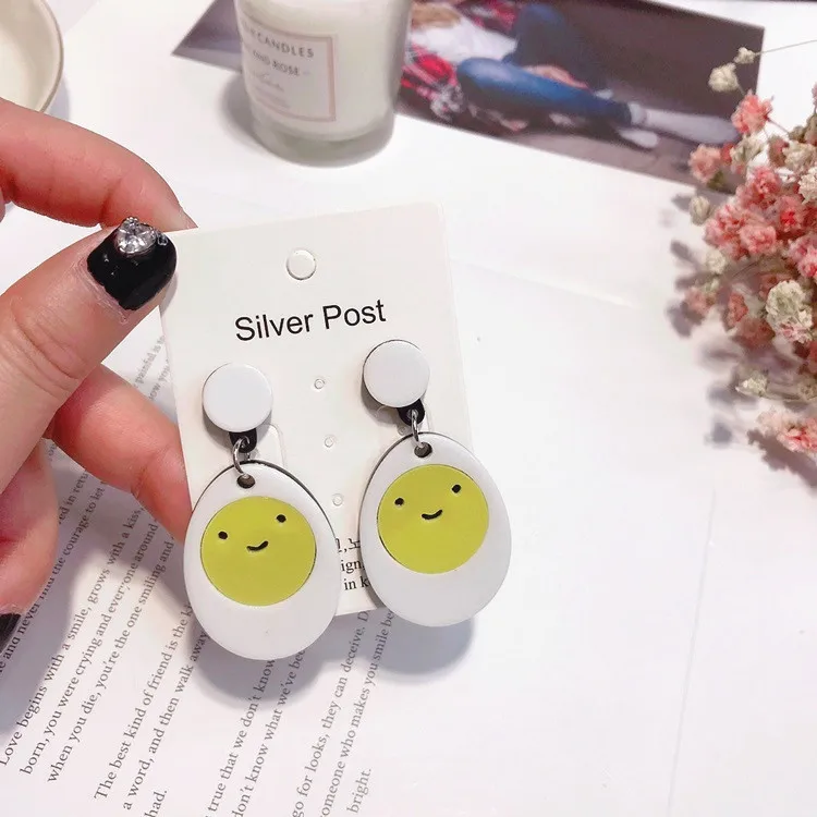 cute eggs smile face Acrylic earrings 925 silver post Hypoallergenic fadeless alloy fashion jewelry stud earrings women gift
