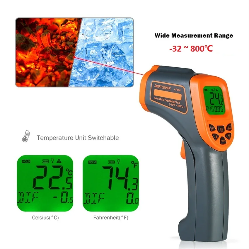 AT800 Digital Infrared Thermometer -32~800 C Non-Contact laser IR Temperature Gun Pyrometer teste Aquarium Emissivity Adjustable