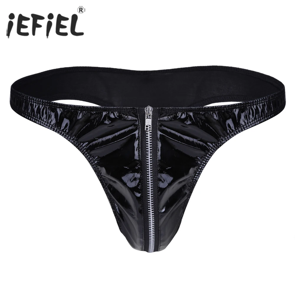 

iEFiEL Men's Lingerie Jockstraps Gay Briefs with Front Zipper Open PU Leather Underwear Underpants Sissy Sexy Gay Male Panties