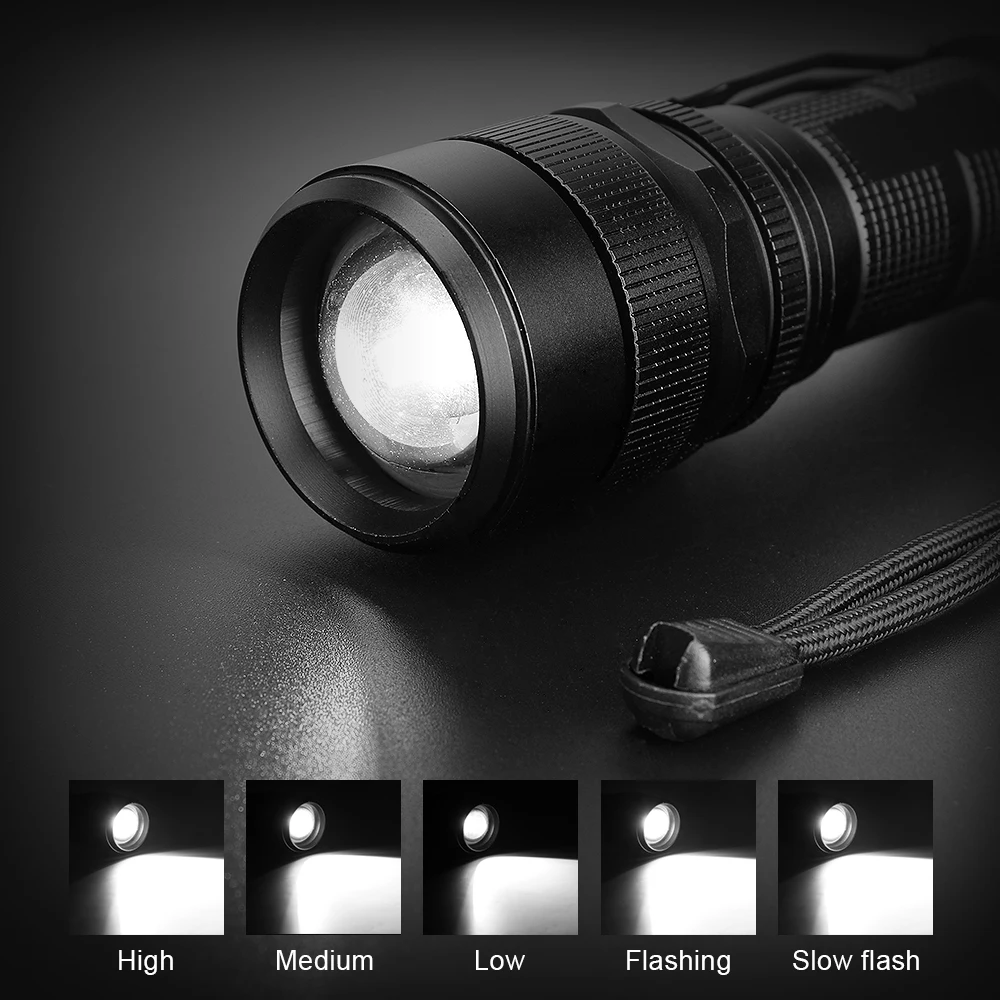 P50 LED Tactical Flashlight 5 Modes Zoomable Torch Waterproof USB Charging 26650 Scout Hunting Flash Light With Clip Tail Rope