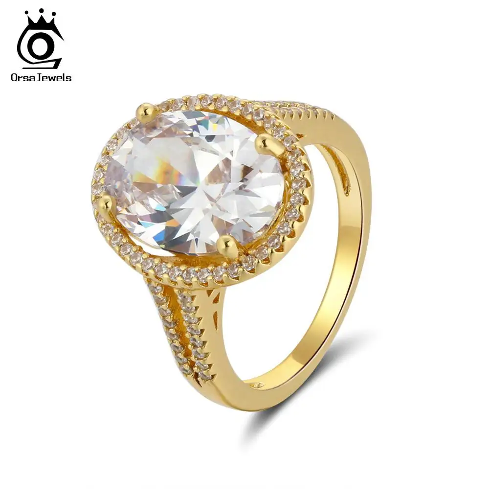 ORSA JEWELS роскошное женское свадебное и обручальное кольцо 6ct большая овальная резка AAA ослепительное CZ серебряное кольцо золотого цвета ROR98 - Цвет основного камня: Gold-color