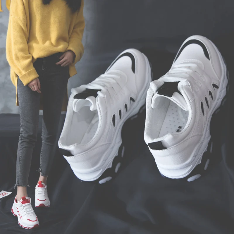 

Spring Fashion Lady Casual White Shoes Women brand Sneaker Black Leisure Thick Soled Shoes Flats Cross-tied Lace Up Soft GB-08