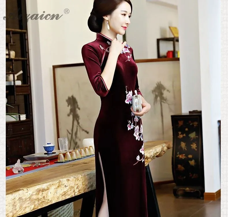 Современный глубокий красный Cheongsam бархат Embriodery Qi Pao Женская традиционная китайская одежда Вечерние Платья Восточный стиль халат