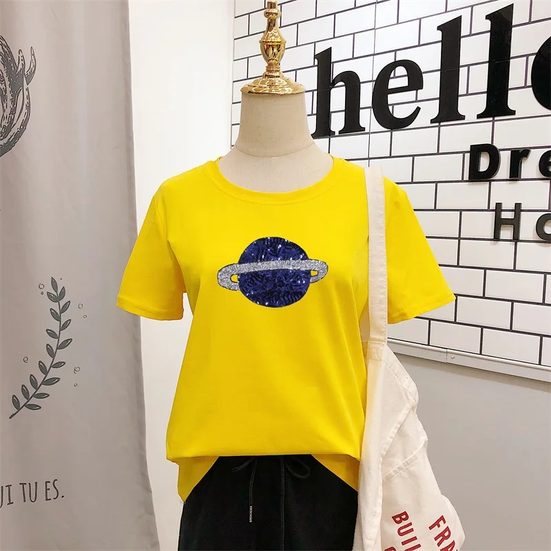 LAAMEI 2019 Summer New Fashion Planet Saturn Women Sequined T-Shirt Female Cotton Short Sleeve O-Neck Tops Tees Harajuku Tshirts LAAMEI 2019 Summer New Fashion Planet Saturn Women Sequined T-Shirt Female Cotton Short Sleeve O-Neck Tops Tees Harajuku Tshirts
