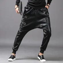 Модные мужские штаны-шаровары из искусственной кожи с заниженным шаговым швом, джинсы, повседневные штаны для уличных танцев, стильные брюки DJ Rock, длинные брюки-Слаксы